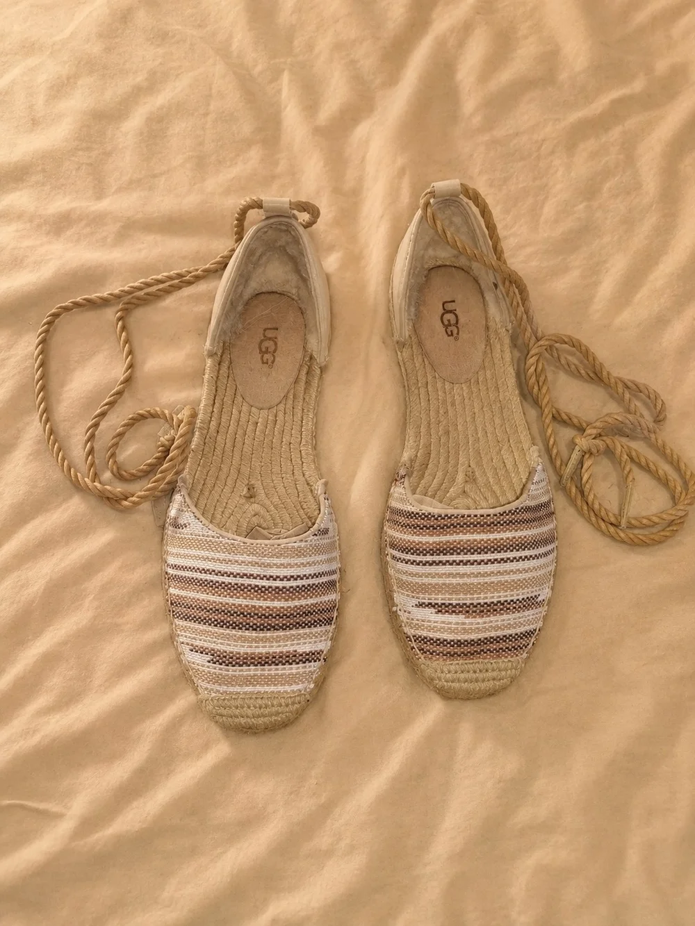 UGG Women’s Beige Striped Espadrille Lace-Up Flats